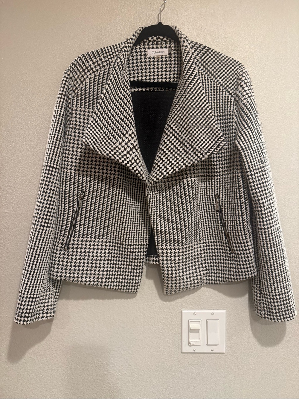 Calvin Klein Black & White Houndstooth Moto Jacket